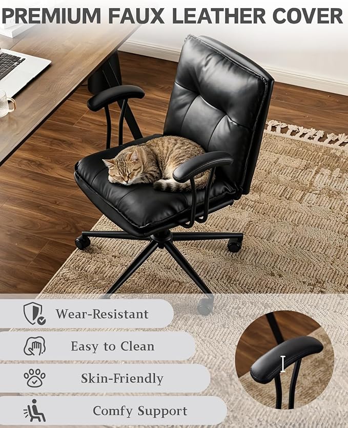 Karl home Faux Leather Office Chair with Removable Armrests, Adjustable Height & 360° Swivel, Tufted Thick Cushion Computer Desk Chair with Lumbar Support for Living Room, Vanity, Black