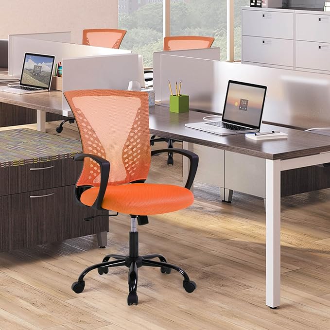 Modern Ergonomic Office Chair - Adjustable Mesh Computer Chair with Lumbar Support & Arms, Comfortable Mid Back Swivel Chair for Home Office, 360° Smooth Rolling (Orange)