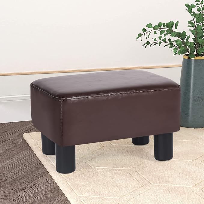 Joveco Small Footstool Ottoman Footrest Modern Rectangular Padded Seat for Living Room Bedroom (Brown PU Leather)