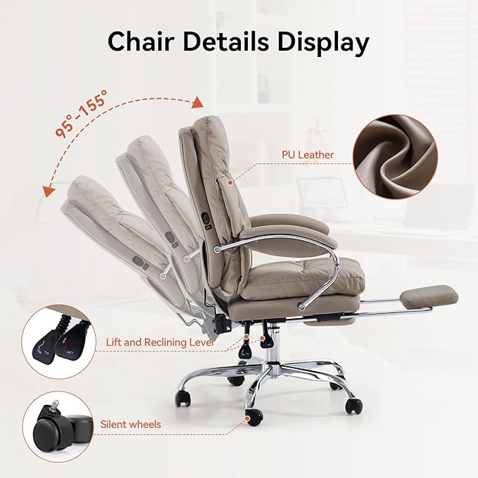 LEAGOO Office Chair with Foot Rest, Ergonomic Executive Office Chair with Arms, Reclining High Back PU Leather Comfy Swivel Computer Desk Chairs with Wheels (Camel)