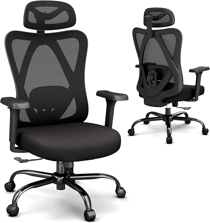 Ergonomic Office Chair with Adjustable Lumbar Support, High Back Mesh Computer Desk Chairs with 3D Headrest and Armrest, Rocking Function, for Home, Office, Black