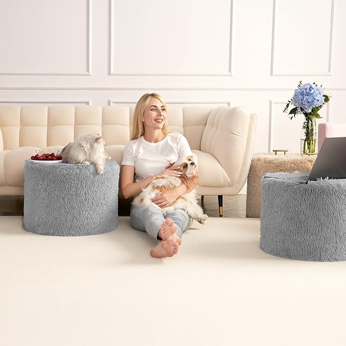 Hansleep Round Stuffed Pouf Ottoman 17 x 14, Foam Filled Faux Fur Ottoman Foot Rest for Chair with Washable Cover, Foot Stools Under Desk for Living Room & Bedroom, Grey