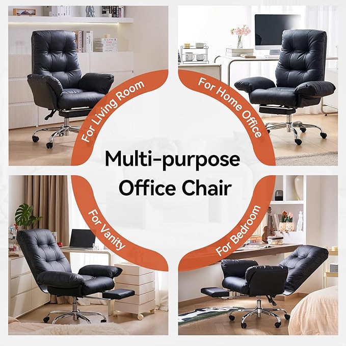 EMIAH Criss Cross Chair with Wheels Office Chair with Foot Rest and Flip-up Arms Reclining Desk Chair Comfy PU Leather Rolling Computer Home Office Chair (Black)
