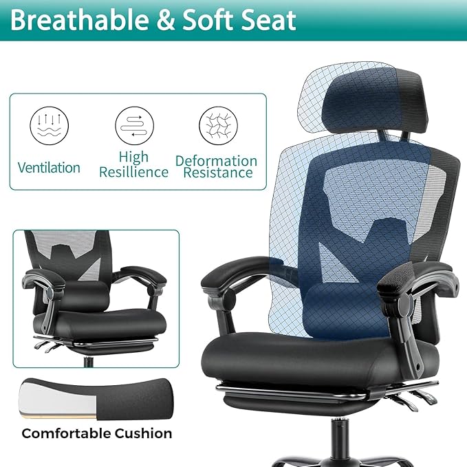 Simple Deluxe Home Office Desk Chair with Footrest, High-Back Mesh Rolling Swivel Reclining Chairs with Wheels, Comfortable Headrest, Lumbar Support, Comfy Arms