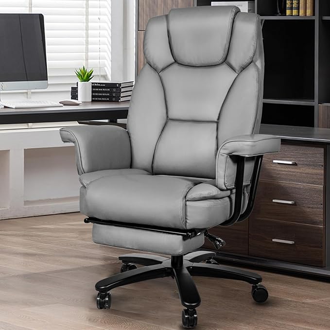Reclining Office Chair with Footrest, Big and Tall Home Office Desk Chairs 400lbs with High Back, Criss Cross Wide Seat, Heavy Duty Base, Pu Leather, Grey