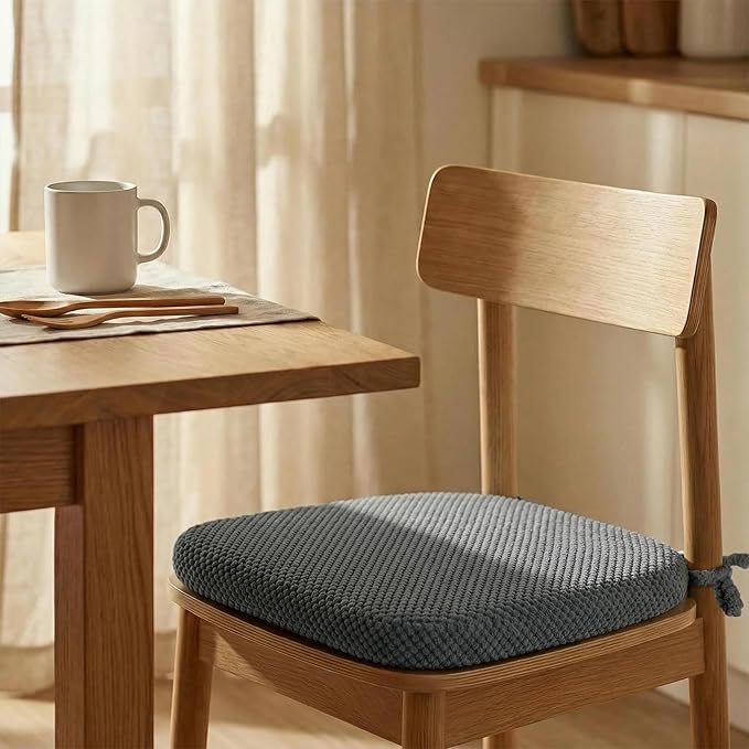 Dark Grey Chair Cushions with Ties Removable Covers, D Shape Foam Dining Kitchen Chair Seat Pads Non Slip 17"x16" Set of 4