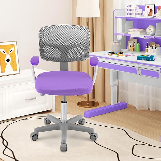Giantex Kids Desk Chair, Ergonomic Adjustable Teen Task Chair w/Y-Shaped Lumbar Support, Armrest & Universal Wheels, Mesh Kid Office Chair for Sturdy, Kids Computer Chair for Boys Girls 4-12, Purple