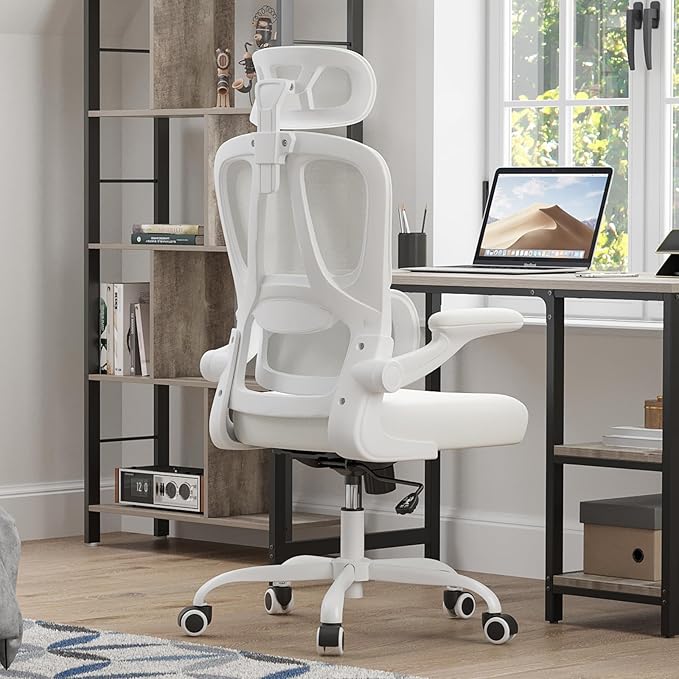 Breathable All-Mesh Ergonomic Chair with Headrest - High Back Desk Chair for Cool, Sweat-Free Work Sessions, Silent Casters Perfect for Bedroom Office (Beige)