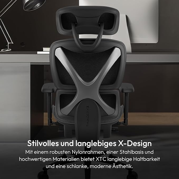 ThunderX3 XTC Ergonomic Office Chair, for Adults Gaming Chair, High Back Desk Chair, Synchronous Tilt, Self-Adjusting Lumbar Support and Backrest, Adjustable Headrest, Fabric, Loft Dark Grey