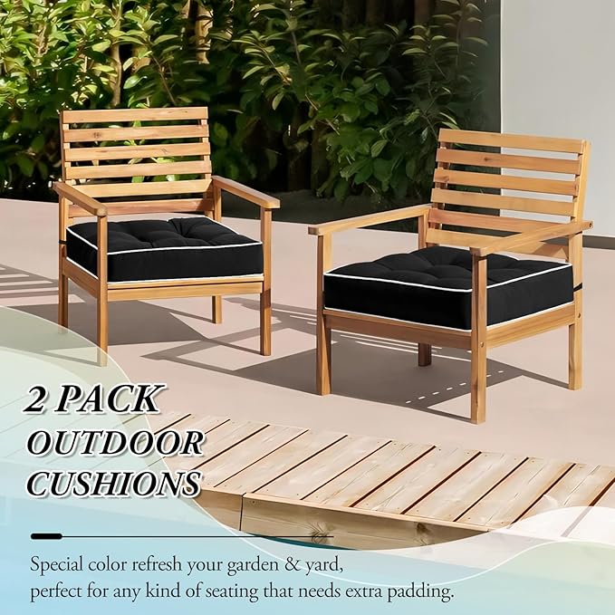 Wellsin Outdoor Chair Cushions Set of 2, Patio Cushions for Outdoor Furniture, Tufted Waterproof Outdoor Chair Pads, 19" x 19", Black