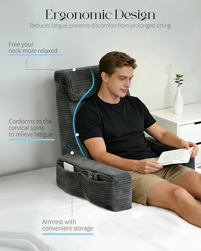 Seniny Reading Pillow for Bed Adult - 24" Back Support Pillow for Sitting Up Rest, Husband Bed Chair and Backrest Pillow with Arms, Lounge Sit Up Pillows for Dorm, Corner, Couch, Study, Watching TV