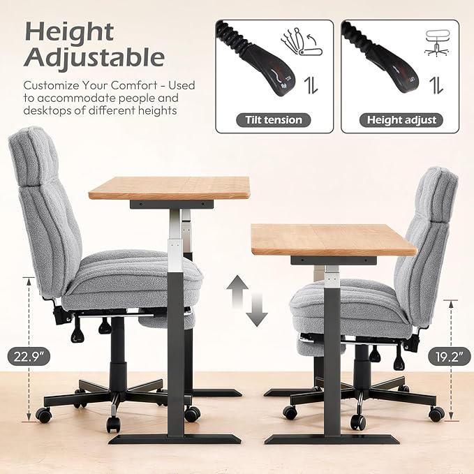 Criss Cross Chair with Wheels - Home Office Desk Chairs with Foot Rest, Morden Comfy Swivel Makeup Chair for Vanity, Ergonomic Cross Legged Office Chair with High Back & Wide Seat, Grey
