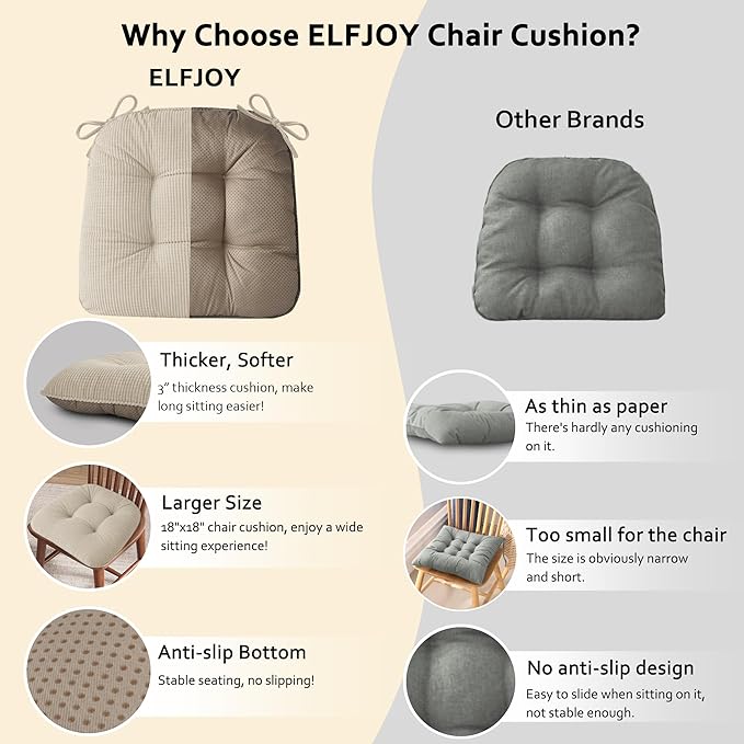ELFJOY Dining Chair Cushions 1 Piece Thick Non Slip Kitchen Chair Pads with Ties Comfortable Indoor Kitchen Seat Cushions 18" x 18" x 3" Beige