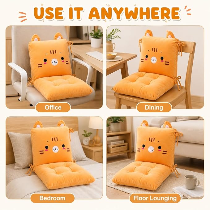 ChezMax Chair Cushion Plush Seat Cushion Back Cushion with Ties, Detachable Thickened Desk Chair Pads, Cartoon Waist Pillow Cushion Decor for Chair Car Office Patio Wheelchair, Cartoon Cat