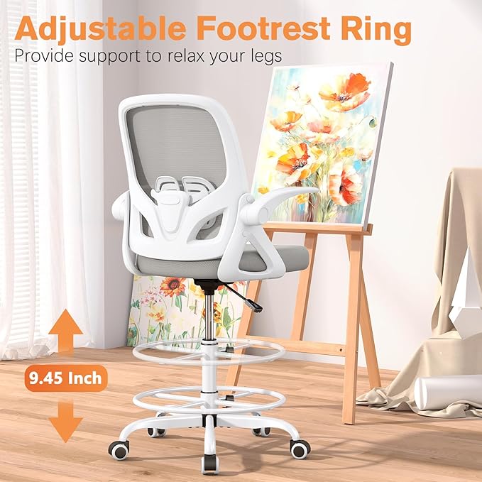 ORRSAKER Drafting Chair Tall Office Chair for Standing Desk, Breathable Mesh Ergonomic Computer Desk Chair with Flip-Up Armrests, Adjustable Lumbar Support and Footrest Ring,300 LBS,Gray