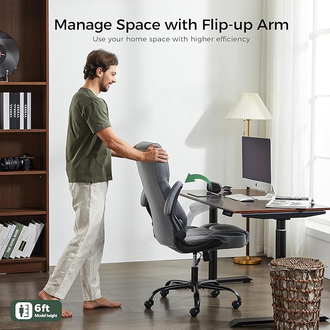 amseatec Office Chair, Executive PU Leather Chair Home Office Desk Chairs, Ergonomic Computer Desk Chair with Adjustable Flip-Up Arms, Lumbar Support Swivel Task Chair with Rocking Function (Gray)
