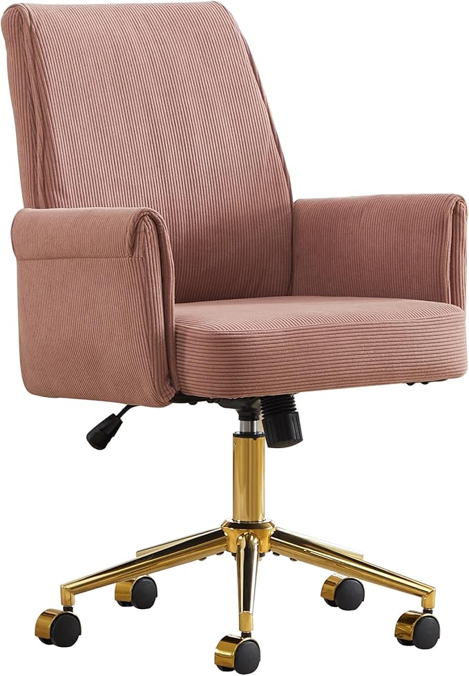 Stripes Velvet Home Office Desk Chair, Accent Upholstered Modern Height Adjustable Swivel Chair with Wheels,Ergonomic Task Chair for Living Room,Bedroom,Vanity,Study,Office(Pink)