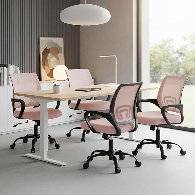 OLIXIS Office Desk Chair - Ergonomic Mid Back with Lumbar Support & Rocking Mode, Height Adjustable with Fixed Armrest, Storage Back for Computer, Gaming, Conference, Meeting Room, 360° Swivel, Pink