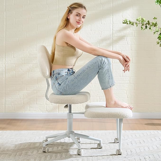Pinmoco Cross Legged Office Chair with Wheels, Meditation Chair, ADHD Chair for Adults, Wider Height Adjustable Backrest and Seat, Yoga Office Chair, Teddy Fabric, Off White