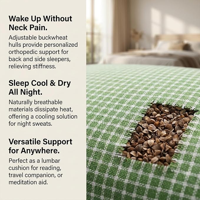 Adjustable Buckwheat Hull Pillow for Neck Pain Relief (21x8x4) Natural Cooling Cervical Support Camping Pillow for Side & Back Sleepers with Night Sweats (xiaoge Green)