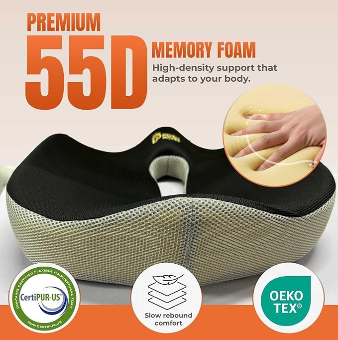 Patented 55D Orthopedic Memory Foam Seat Cushion – Ergonomic Office Chair & Car Seat Cushion, Contoured Coccyx Pillow for Tailbone, Hip & Lower Back Comfort – Ideal for Home, Driving & Long Sitting