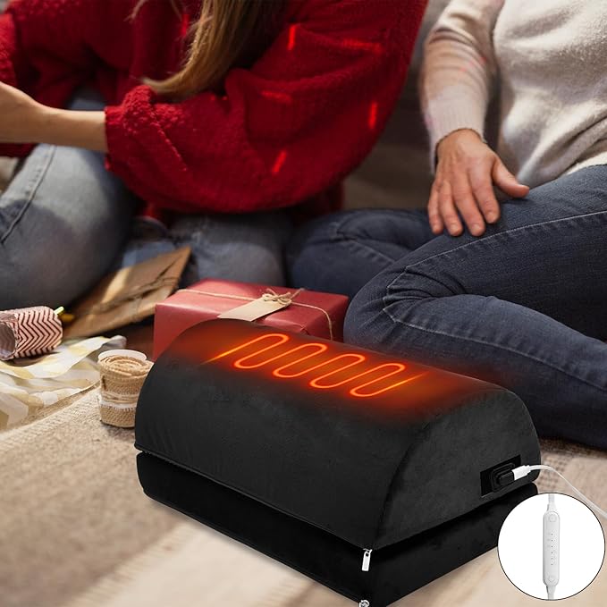 Heated Foot Rest Under Desk Footrest at Work, Foot Warmer Foot Stool with Double Layer Adjustable Height and Washable Cover, Handle Desk Foot Rest with Office Desk Accessories (Black)