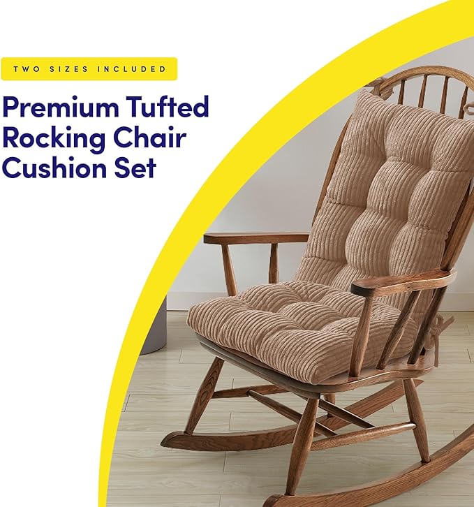Rocking Chair Cushion Premium Tufted Pads Non Skid Slip Backed Crushed Velvet Cover Set of Upper and Lower with Ties, 21 in x 17 in | 17 in x 17 in, Velvet Taupe