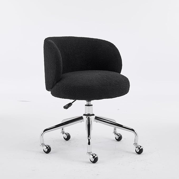 VINGLI Cute Small Swivel Desk Chair Comfy with Wheels,Ergonomic Low-Back Lumbar Support Vanity Nail Tech Rolling Task Stool Chair for Home Office,Height Adjustable,Teddy Fleece,Black