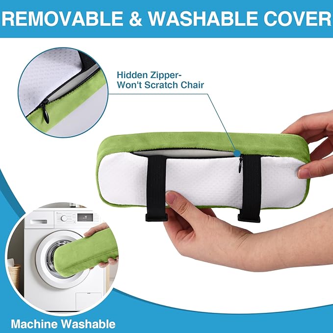 Smiry Ergonomic Office Chair Armrest Pads, Memory Foam Arm Rest Covers, Non-Slip Armrest Cushion with Adjustable Buckles and Straps, Elbow Relief for Desk, Gaming & Wheelchair (Green, Set of 2)