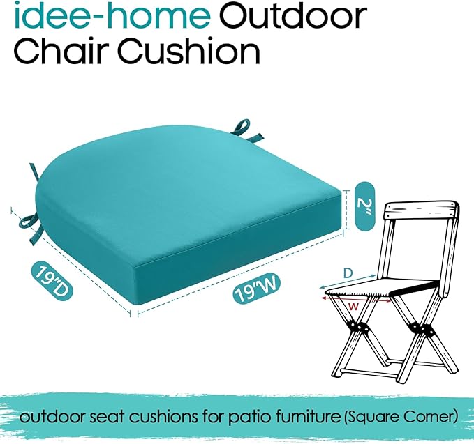 idee-home Outdoor Chair Cushions Set of 4, Thick 19" x 19" x 2" Outdoor Seat Cushions Patio Furniture Waterproof with Ties, Dining Pads