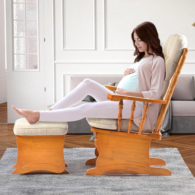 Anti-Pinch Solid Wood Hand Glider Rocking Chair Set with Ottoman, Padded Cushion, Rustic Rubber Wood Nursery Glider for Nursing, Relaxing, Living Room, Bedroom, Honey Colored