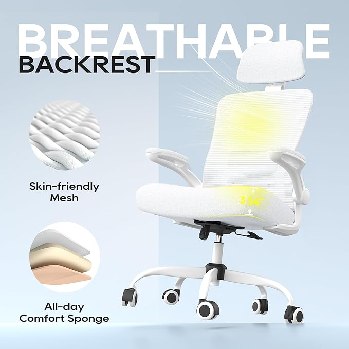 Office Chair, Ergonomic Mesh Desk Chair with Adjustable Lumbar Support and Headrest, Flip-up Armrests, High Back Computer Task Chair for Home and Executive Office (W-All White)