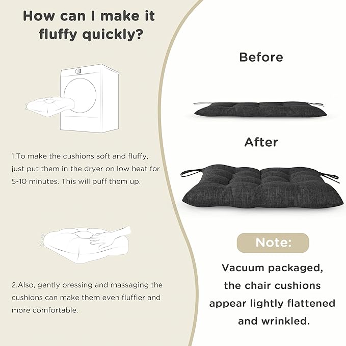 AddGrace Rocking Chair Cushions Indoor Tufted Cushions for Rocking Chairs with Ties Comfortable Textured Fabric Set of Seat & Back Cushion 21x17/17x17 Black