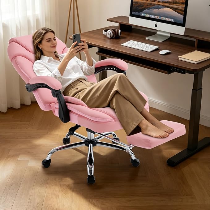 Comfy Reclining Office Chair with Footrest for Women Wide Seat Big Tall Computer Gaming Chair, 500lb Plus Size Ergonomic Recliner Office Desk Chair with Leg Rest, Pink