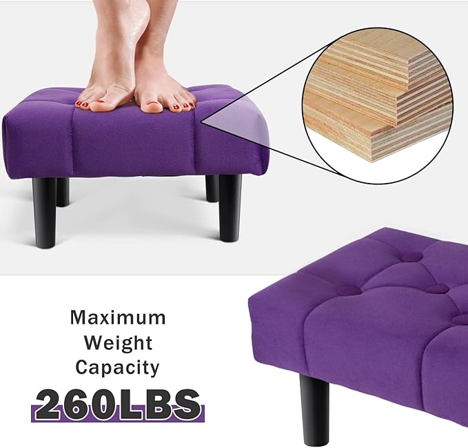 HOUCHICS Small Footstool Ottoman, Velvet Wooden Foot Stool Ottoman with Wood Legs, Sofa Footrest Extra Seating for Living Room Entryway Office(Purple 2PACK)