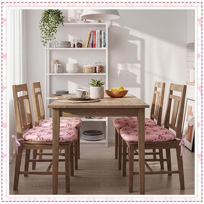 4 Pack Pink Bow Chair Cushions for Dining Chairs 17" x 16" x 2" D-Shaped Breathable Linen Kitchen Chair Pads with Ties Washable Non Slip Seat Cushion for Dining Kitchen Office Indoor