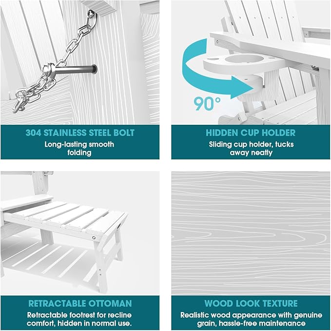 THOEOE Adjustable Adirondack Chair with Retractable Ottoman, HDEP Folding Adirondack Chairs with Footrest 2-in-1 Cup Holder, All Weather Outoor Fire Pit Chair with Foot Rest Set 2 White