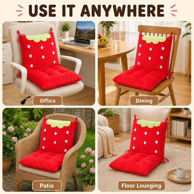 ChezMax Chair Cushion Plush Seat Cushion Back Cushion with Ties Thickened Desk Chair Pads Cartoon Waist Pillow Cushion Decor for Chair Car Office Patio Wheelchair Cartoon Strawberry