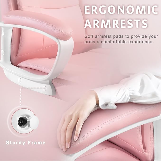 LEMBERI Office Desk Chair, Managerial Executive Chair, High Back Computer Chair, Ergonomic Height Adjustable PU Leather Chairs with Padded Armrest for Long Time Sitting, Pink