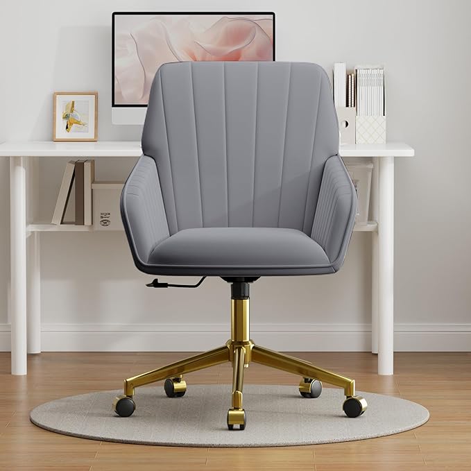 YISHENG Velvet Office Desk Chair with Gold Base, with Wheels,Modern Height Adjustable 360 Degree Swivel Upholstered Vanity Chairs with Arms for Living Room Bedroom,Gray