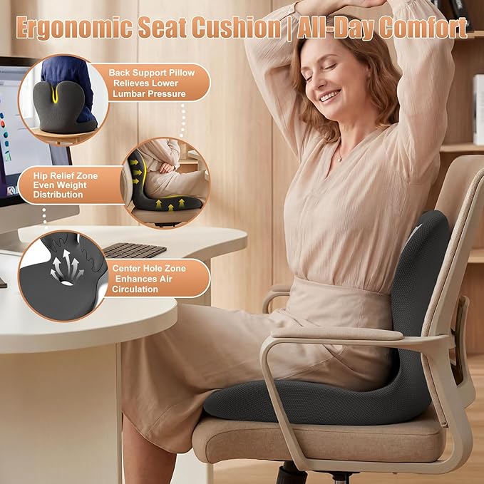 Car Seat Cushion with Lumbar Support for Long Driving Truck/RV, Ergonomic Memory Foam Office Chair Cushion for Sciatica, Tailbone & Lower Back Relief, Ideal Gift for Driver & Office Worker (Embroider)