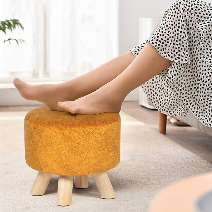 Homebeez Round Ottoman Stool Foot Rest Small Fabric Footstool with Non-Skid Legs (Dark Orange)