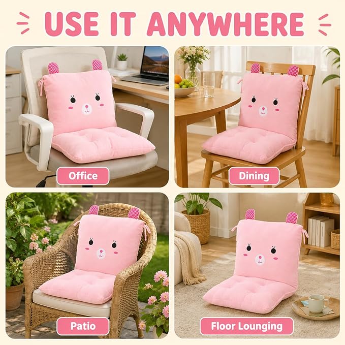 ChezMax Chair Cushion Plush Seat Cushion Back Cushion with Ties, Detachable Thickened Desk Chair Pads, Cartoon Waist Pillow Cushion Decor for Chair Car Office Patio Wheelchair, Cartoon Rabbit