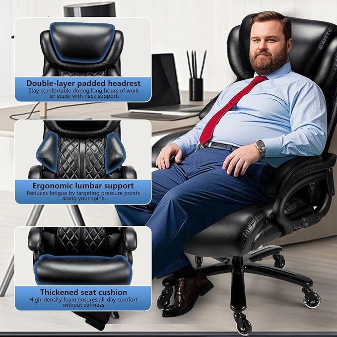 Big and Tall Office Chair 800lbs- High Back Executive Computer Chair for Heavy People with Adjustable Lumbar Support and Quiet Wheels- Large Desk Chair for Home Office (Black)