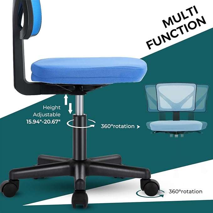 DUMOS Armless Office Chairs with Wheels Cute Home Desk Chair No Arms, Ergonomic Adjustable Swivel Rolling Task Chair, Comfy Mesh Mid Back Computer Work Vanity Chair for Small Spaces, Blue