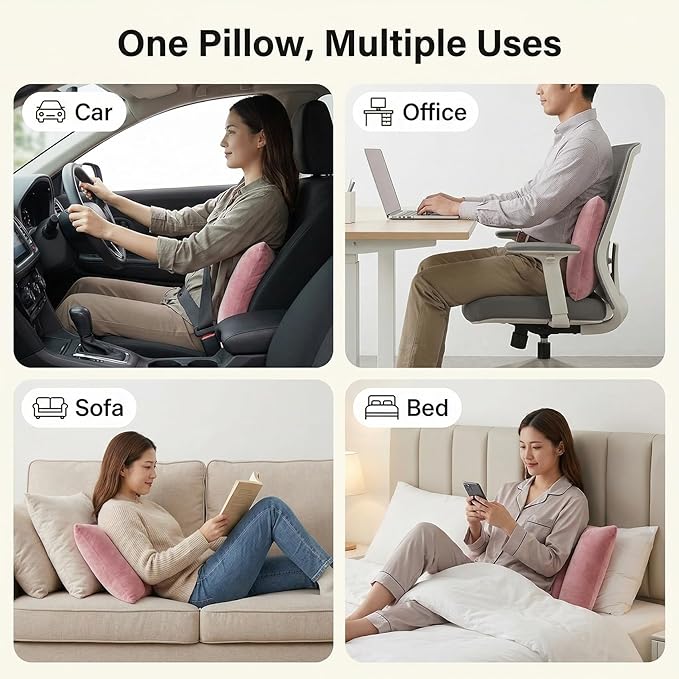 Sofa-Level Lumbar Support Pillow for Car Seat, Plush Velvet Back Cushion with 3-Zone Support, Soft & Supportive Lumbar Pillow for Driving, Office Chair, Home Decor (Pink)
