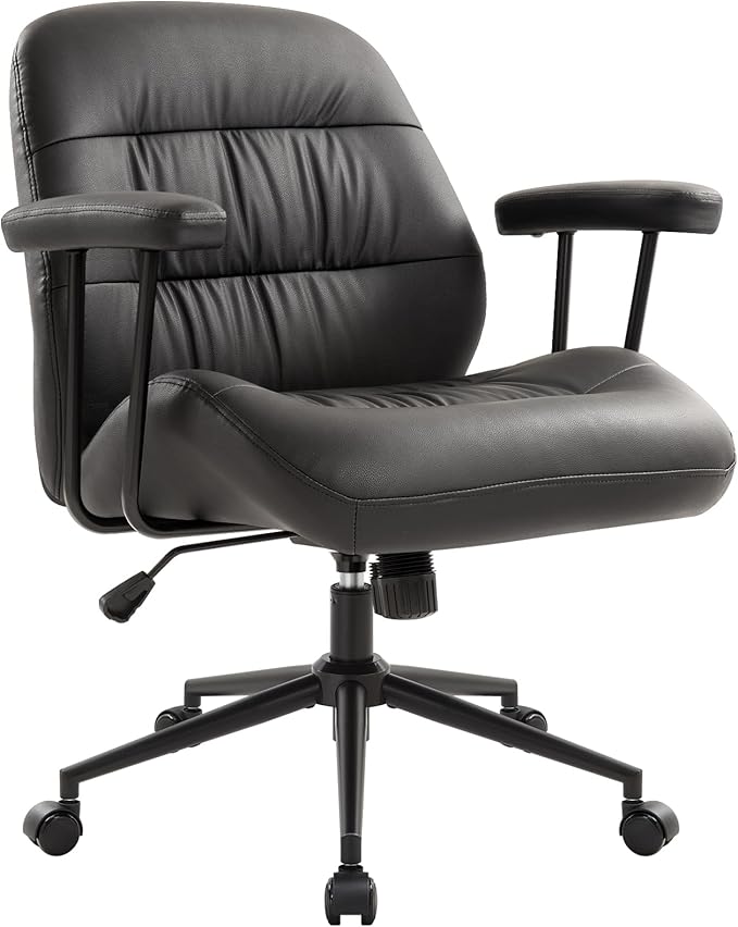 IWMH Leather Office Chair with Removable Armrests,Mid-Back Ergonomic Desk Chair with Lumbar Support,Adjustable Height 360° Swivel Executive Task Chairs for Home Office (Black)