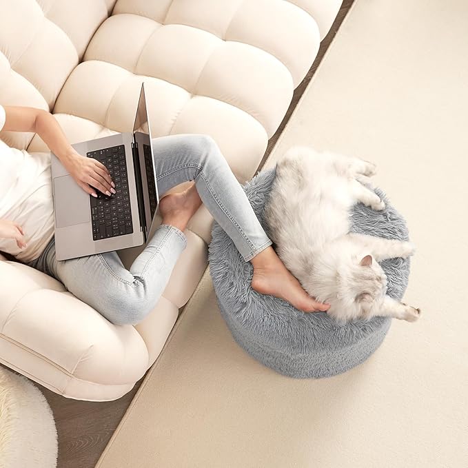 Hansleep Round Stuffed Pouf Ottoman 20 x 15, Foam Filled Faux Fur Ottoman Foot Rest for Chair with Washable Cover, Foot Stools Under Desk for Living Room & Bedroom, Grey