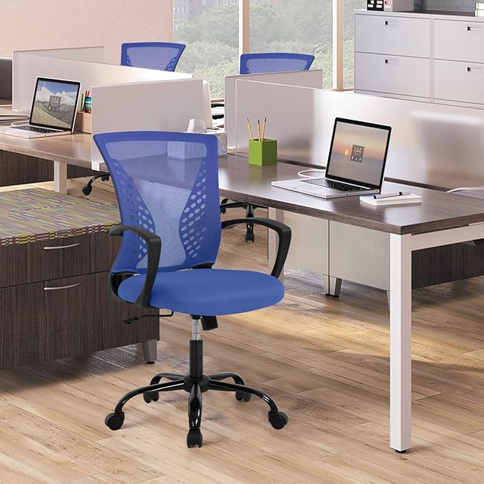 Mesh Office Chair with Adjustable Height & Arms - Ergonomic Mid Back Swivel Chair for Desk, Comfortable Home Computer Chair with Lumbar Support, Modern Design (Blue)