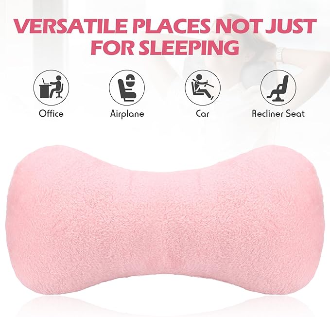 Colingmill 1 Pc Neck Pillow for Recliner Headrest Pillow Bone Shaped Chair Plush with Adjustable Strap Neck Support and Pain Relief Curve Head Cushion for Car Travel Airplane (Pink)